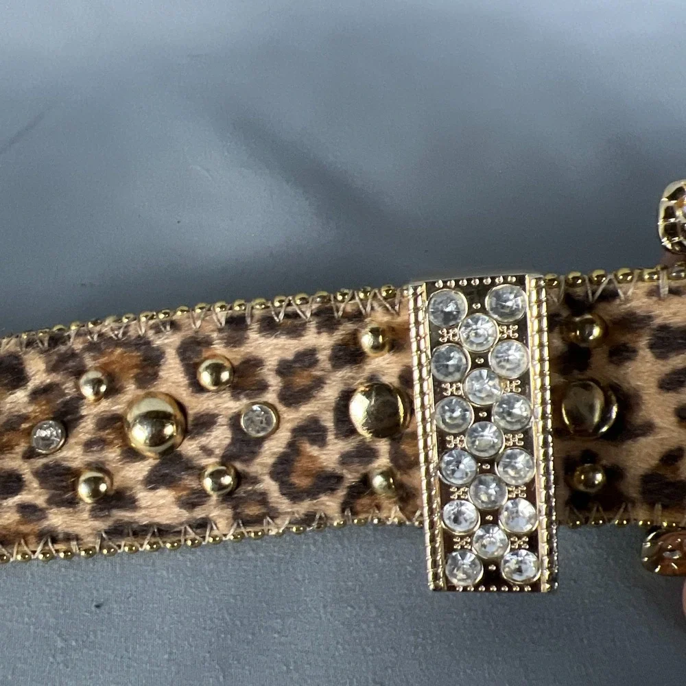 Kathy Van Zeeland Womens Belt Large Leopard Print Gold Studded Rhinestone Buckle